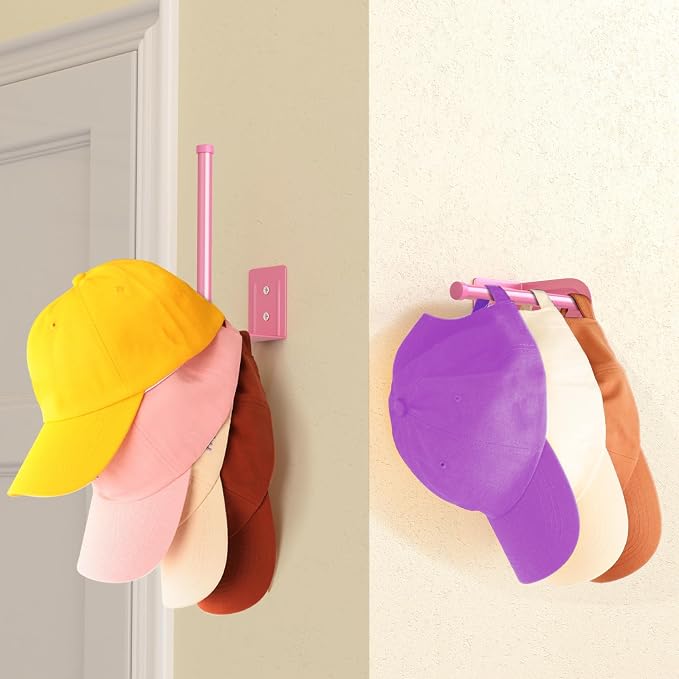 Durmmur Stainless Steel Hat Organizer, Hat Rack for Wall,Each Holds 15 Hats | 2P Strong Adhesive/Wall Drilled Hat Holder, Hat Hooks, Hat Hanger Baseball Cap Organizer for Door,Bedroom,Closet(Pink 6 in)