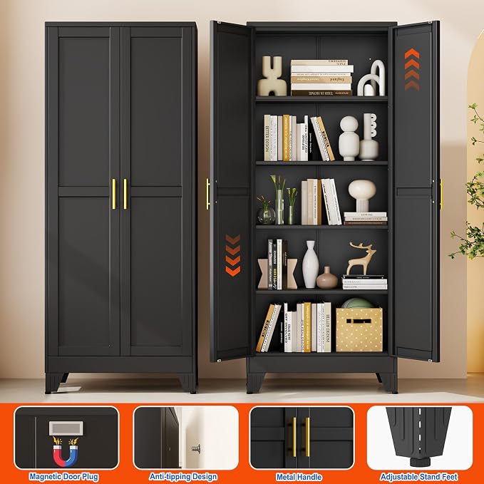 GAIOUS 71''Tall Metal Garage Storage Cabinet,File Cabinet with Door and Adjustable Shelves, Outdoor Steel Tool Cabinet for Home,Office,Warehouse,Garage,Black