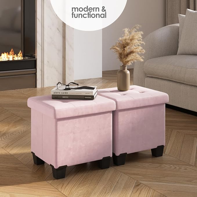 Storage Ottoman Cube with Small Bin, 15-in Square Ottoman with Storage for Living Room and Bedroom, Small Ottomans Foot Rest, Velvet Foot Stools Ottomans Max 330lbs, Pink