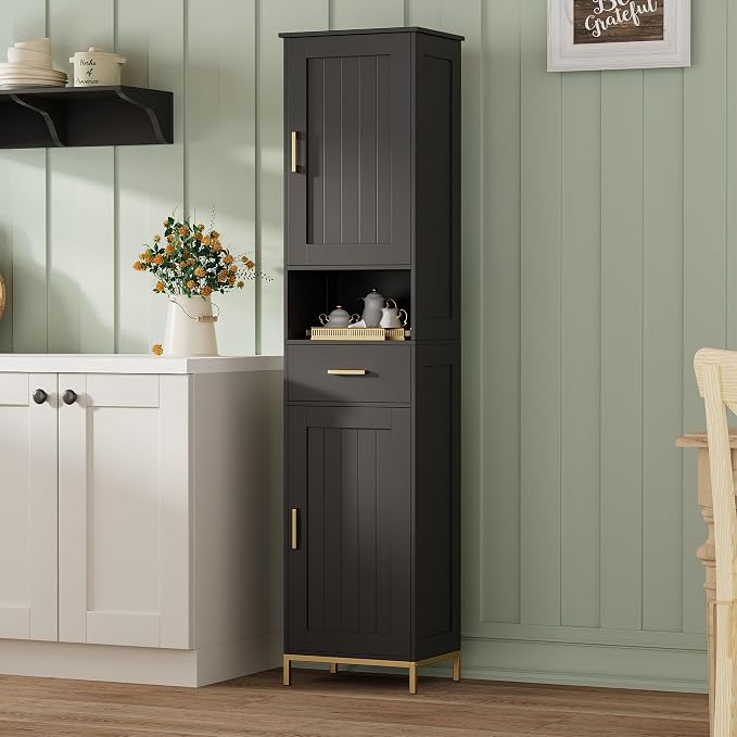 Homhedy 67" H Bathroom Storage Cabinet, Tall Bathroom Cabinet, Black | Narrow Cabinet with Doors and Drawer, Adjustable Shelves, Floor Cabinet for Bathroom, Living Room, Kitchen, Dining Room