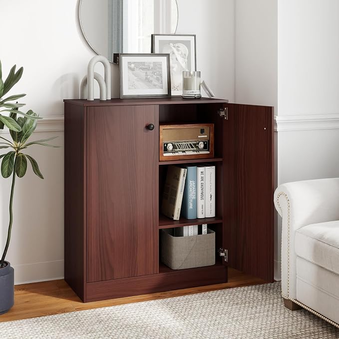 Giantex 2 Door Storage Base Cabinet (Brown) | 3-Tier Base Cabinet with Non-Slip Foot Pads, Kitchen Cupboard Storage Organizer for Living Room, Hallway, Entryway, Office