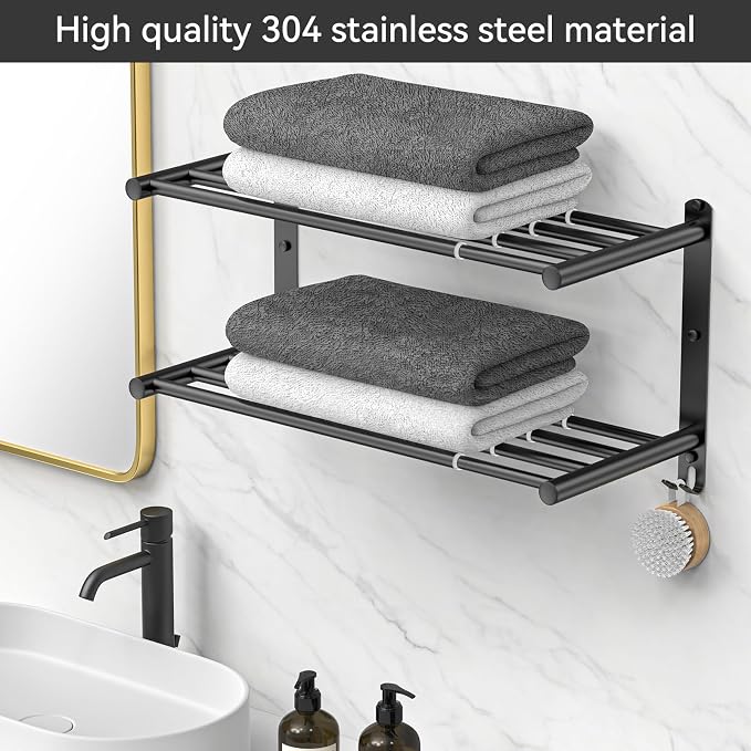 CAXIMSY Black Adjustable Towel Bar for Bathroom Wall Mount17-30.7inch Adhesive Shower Towel Rack Stainless Steel Bath Towel Holders for Toilet Kitchen Double Towel Hanger (Black Double Towel Rack)