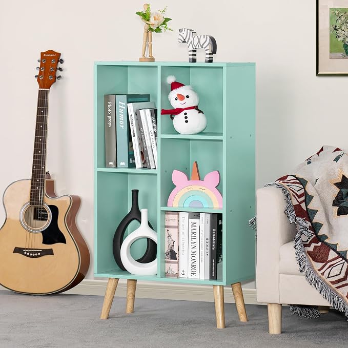 LEYAOYAO 5 Cube Bookshelf, Mid-Century Modern Book Shelf with Legs, Green | 3 Tier Bookcase, Rustic Wood Bookshelves Freestanding Small Storage Organizer, Open Shelves for Bedroom, Living Room, Office