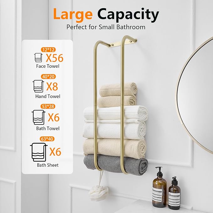 BWE Brushed Gold Towel Racks for Bathroom Wall Mounted for Rolled Towels | Bathroom Towel Rack Storage Stainless Steel Vertical Towel Holder Bathroom Organizer Space Saving for Bedrooms Hotels