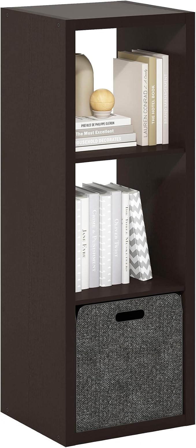 3-Cube Cubicle Bookshelf, Cube Bookcase with Open Back, Reversible Book Shelf, Cube Storage Organizer, 15 x 16 x 44, for Living Room, Home Office, Dark Oak