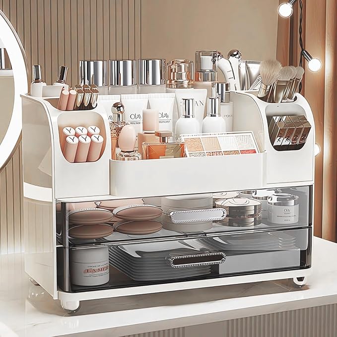 Makeup Organizer,Perfect Bathroom Skincare Organizer,Cosmetic Display Case | Makeup Organizer with Drawers and Brushes Holdere,Easy to Store Your All Beauty Essential