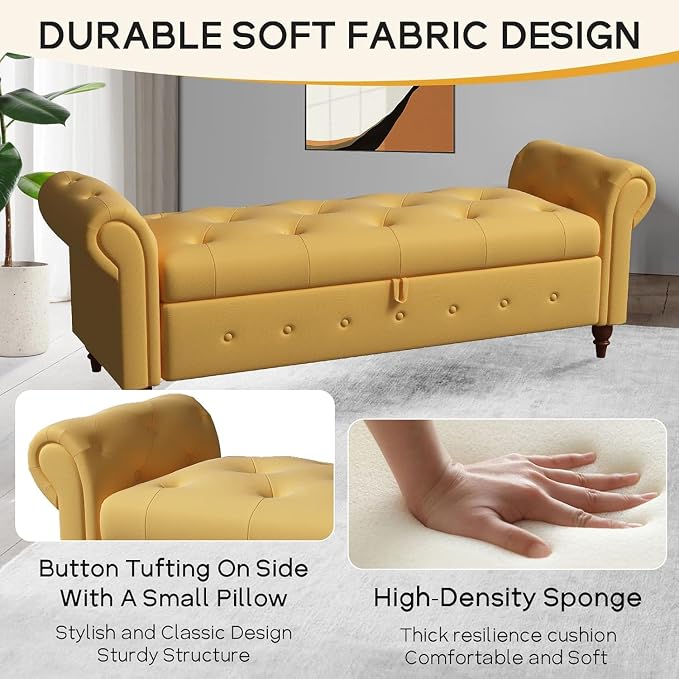 NIOIIKIT 63'' Storage Ottoman Bench, Tufted Entryway Bench Yellow Polyester | Button Tufted End of Bed, Large Storage Space, Rolled Armed Ottoman Couch Long Bench for Bedroom, Living Room, Hallway