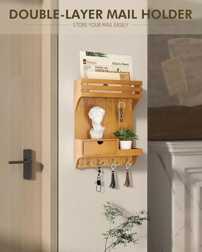 Rebee Vision Key Holder Wall Mount with Drawer for Room Decor, Light Brown | Pine Wood, Key Holder for Wall, 9 Key Hooks, Drawer Organizer, Floating Wall Shelf, Mail Sorter, Room Decor Aesthetic