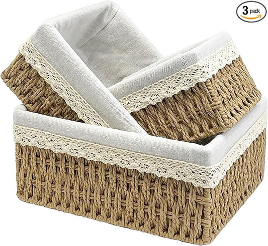Wicker Storage Baskets Set of 3, Handwoven Paper Rope Organizer Bins with Removable Floral Liner, Small Medium Large for Bathroom, Pantry, Shelf, Countertop, Closet (Camel, L+M+S)