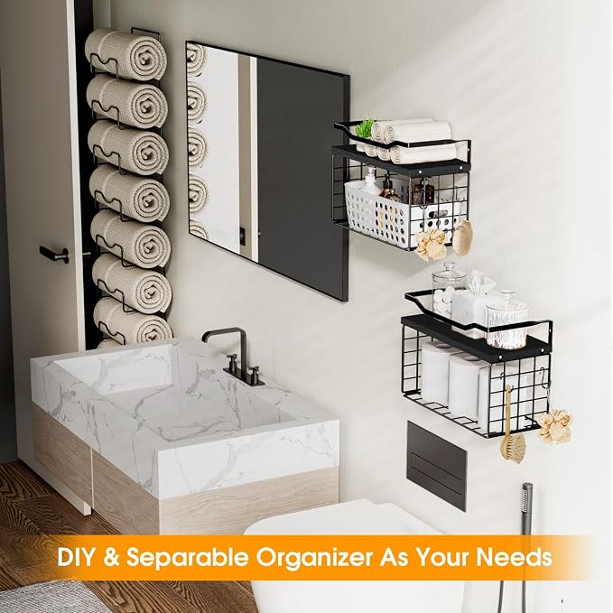 Towel Racks for Bathroom,Towel Rack Wall Mounted, 6 Tier Rolled Or Folded Towel Holder with Floating Shelves, Bathroom Towel Holder for Bath, Hand Towels,Metal and Wood,Full Black