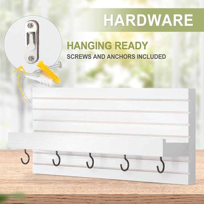 Lwenki Decorative Key Holder for Wall with Shelf, Entryway Shelf with Hooks Holds Leashes, Jackets and Glasses – Sturdy Wood Keyholder Entrance Hanger with Mounting Hardware (White, Medium)
