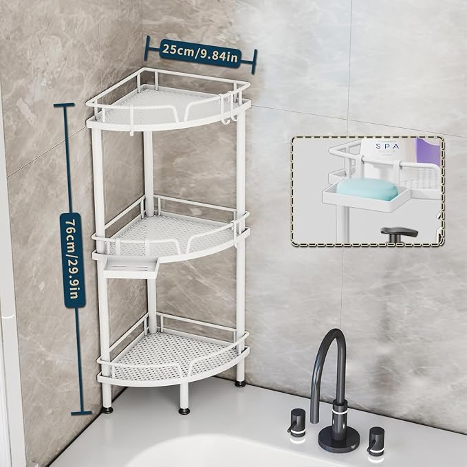 Consumest Corner Shower Caddy Standing - 3 Tier Shower Organizer with Soap Holder, Tall Floor Storage Rack with Adjustable Feet & 4 Hooks, Bathroom Corner Shelf, White