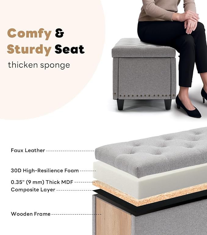 Tbfit Long Ottoman with Storage, 50.8" End of Bed Bench with Safety Hinge&Rivets, Entryway Benches Large Storage Ottoman Bench for Bedroom, Living Room, Holds up to 660 lb(Light Grey)