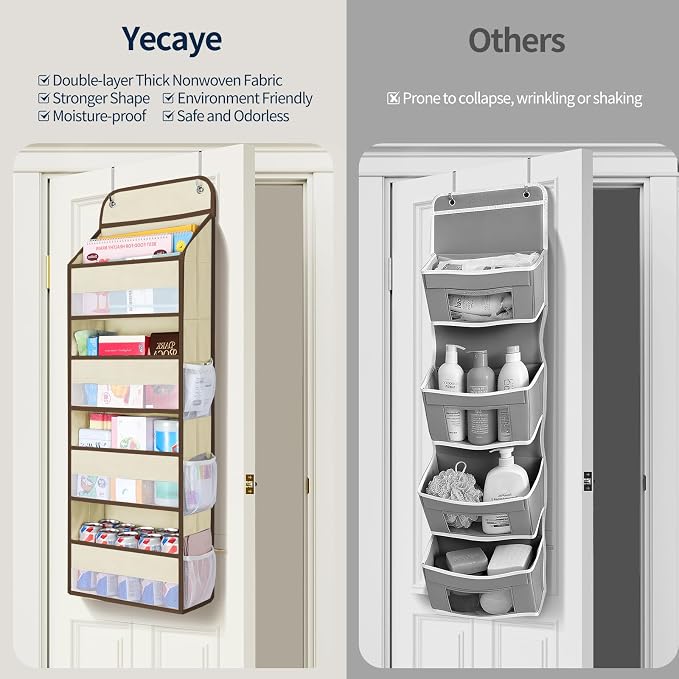 Yecaye Over The Door Organizer, Heavy Duty Hanging Organizers and Storage with 4 Large Capacity Pockets, Swing-Proof Behind The Door Storage for Bathroom Nursery Bedroom Dorm Closet, Beige,1Pc