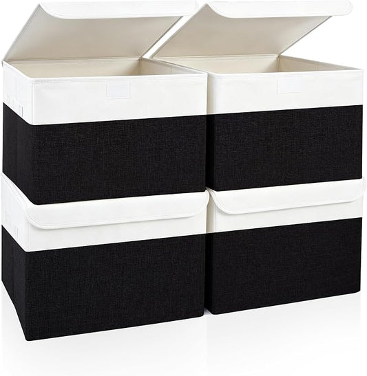 Bagnizer Large 22 Quart Linen Fabric Foldable Storage Bin Cube Organizer Basket with Flip-Top Lid & Handles, Clothes Blanket Box for Home, Office, Closet, Black & White, 4 Pack 14.6 x 9.5 x 9.5