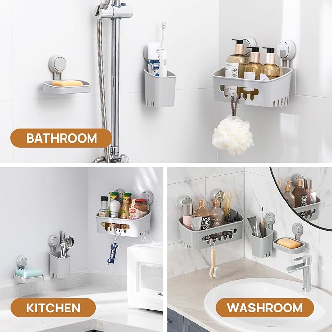 LEVERLOC Shower Caddy Suction Cup Set Shower Organizer & Soap Holder, Grey | Toothbrush Holder, Bathroom Shelf Basket NO-Drilling, Removable Suction Storage, Waterproof Bathroom Caddy