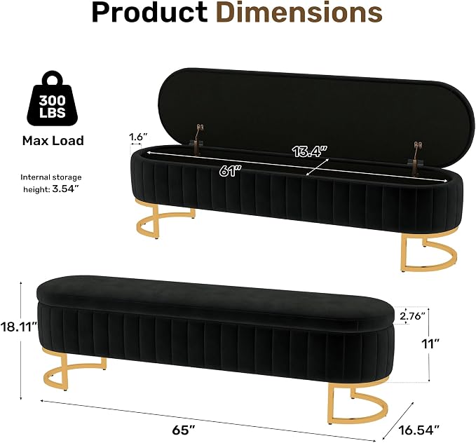 65" Velvet Storage Ottoman Bench End of Bed for Bedroom Entryway Black