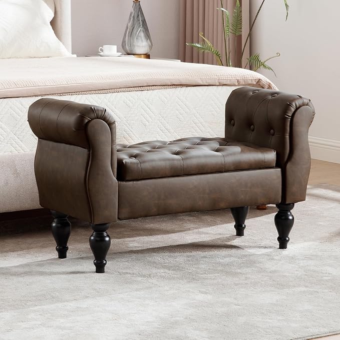 Storage Bench with Arms End of Bed Bench,Pu Leather Entryway Bench with Storage, Button Tufted Upholstered Ottoman Bench Wood Legs, Window Sitting Bench for Bedroom/Living Room/Hallway, Brown