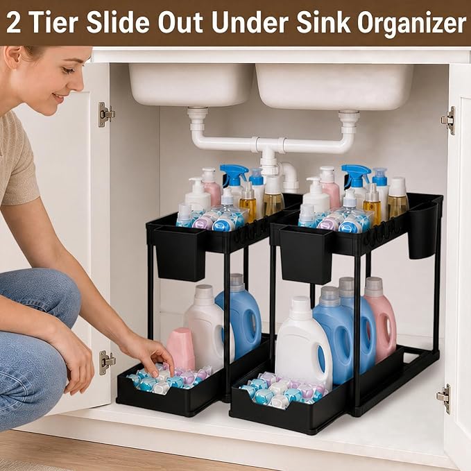 Under Sink Organizer for Bathroom/Kitchen, Large Capacity with Hooks & Cups | Multi-purpose, 2 Tier Pull Out, 4 Hooks & 2 Cups, Size:15.6 x 8.5 x 14.8in, Rust Resistant, Sturdy & Durable