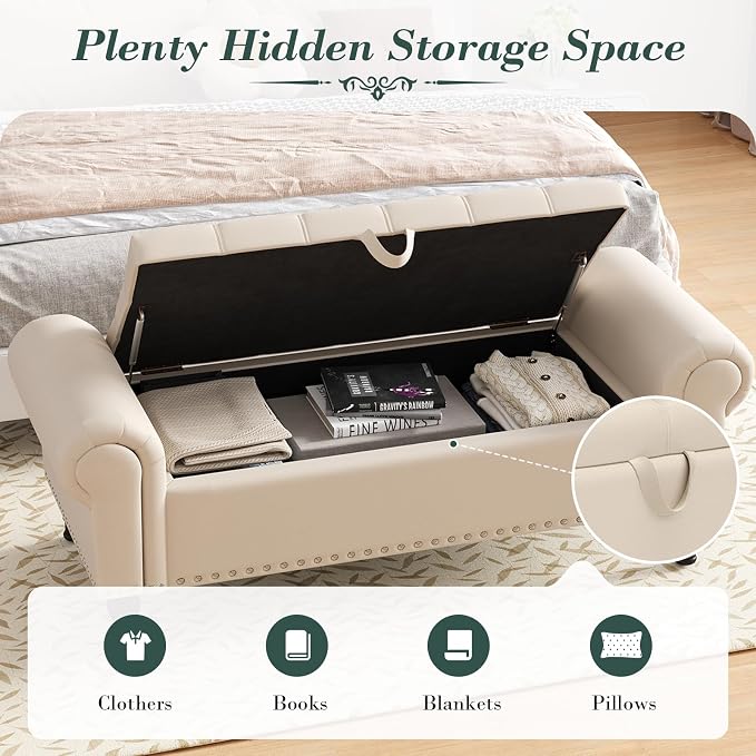 Apicizon 51” Bench with Storage, Faux Leather Ottoman Bench with Rolled Arm & Vintage Rivets, End of Bed Bench for Bedroom, Living Room, Entryway, Beige+Brown Legs