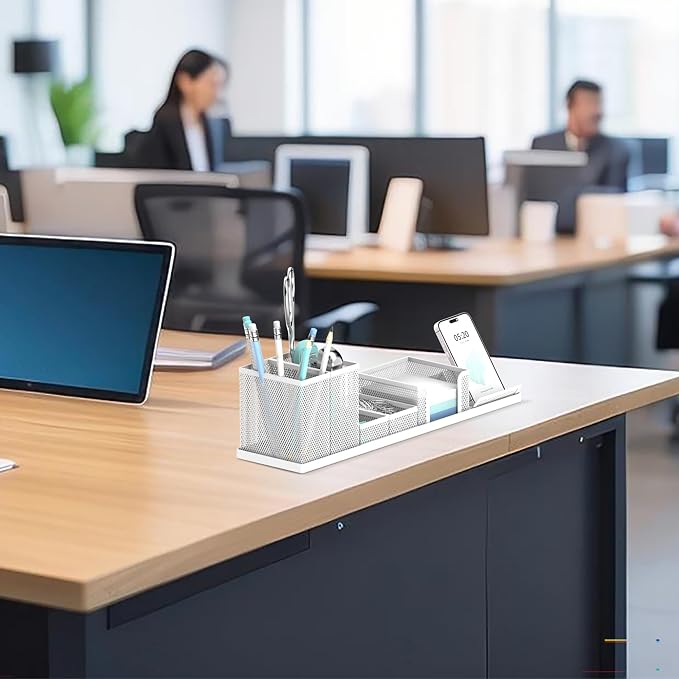 Pen Holder for Desk, 6-Piece Mesh Desk Organizer with Phone Holder, White | 6-Piece Black Mesh Desk Set Includes Pen Cups, a Sticky Note Caddy and Phone Holder for Office, School, Home
