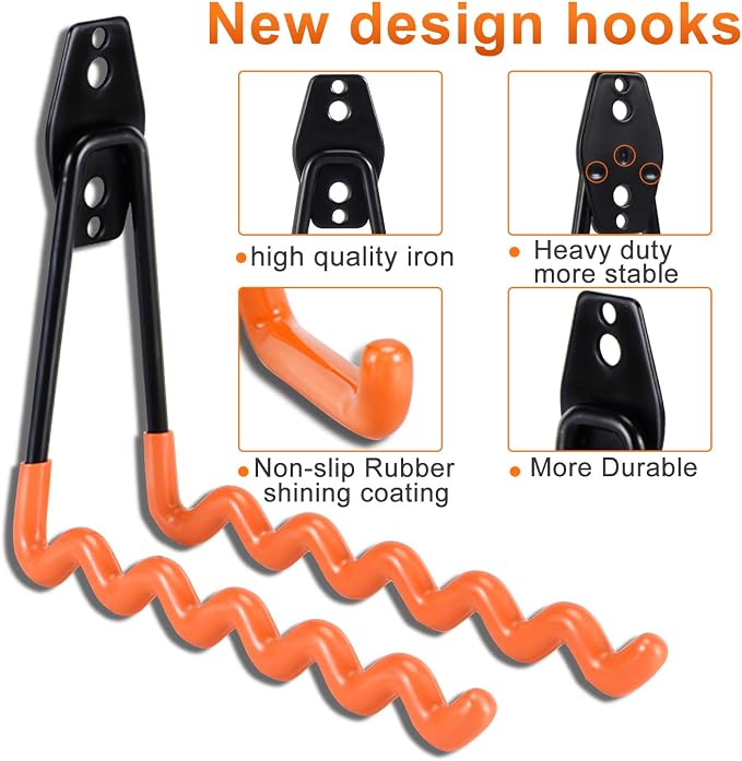 AOBEN 24PCS Garage Hooks, Heavy Duty Double Garage Hanger Organizer Wall Mount Iron Anti-Slip Garage Storage Hooks for Ladder, Power Tool,Bike,Ropes（23 Hooks & 1 hoder Strap-Gray