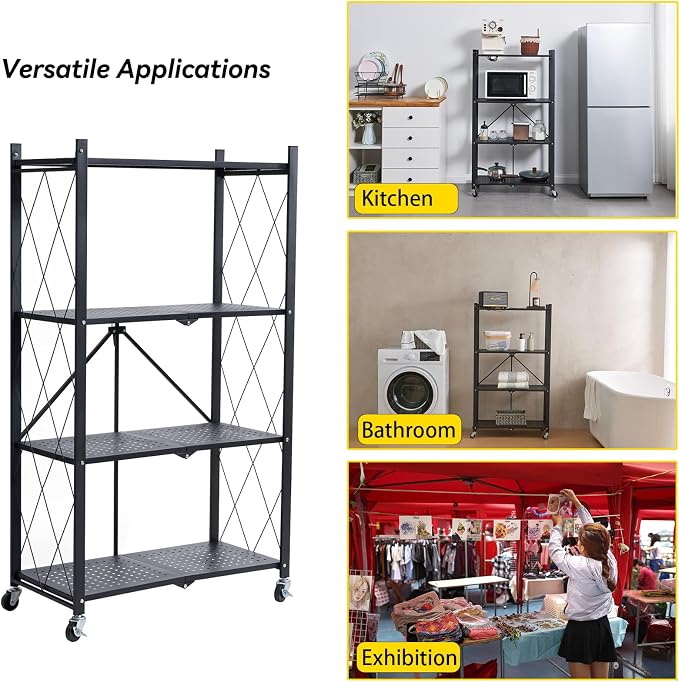 BRIAN & DANY Metal Storage Shelves - 4 Tier Shelving Unit, Folding Display Shelf Racks No Assembly for Vendors and Craft Shows, Black (2Pcs)