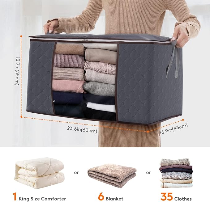Lifewit 3 Pack 90L Clothes Storage Bins with Lids, Foldable Blanket Storage Bags with Zippers, Clear Window and Reinforced Handles, Closet and Organization for Clothing, Sweater, Comforter, Bedding