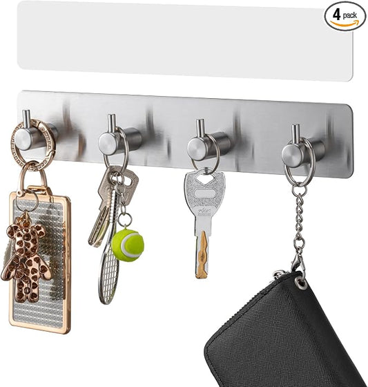 Key Holder with 4 Hooks,Adhesive Key Hanger Organizer for Wall Mount | Metal Key Rack with 2 Self-Adhesive Tapes for Entryway, Door, Bathroom, Kitchen(Silver)