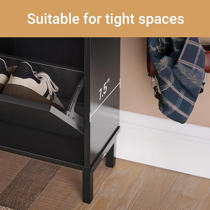 Haotian Ultra Thin Shoe Cabinet with 4 Flip-Drawers | Narrow Enclosed Shoe Rack, Slim Shoe Storage Organzier Entryway, Black, FSR100-SCH