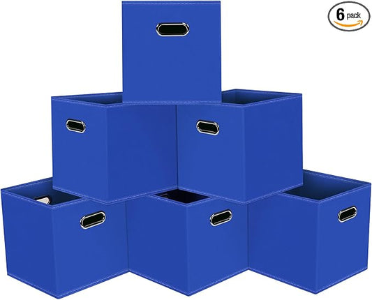 Black Foldable Storage Cubes Bins, Fabric Storage Box Cubes Organizer Baskets with Dual Handles for Home Organizer,Set of 6,(Dark Blue)