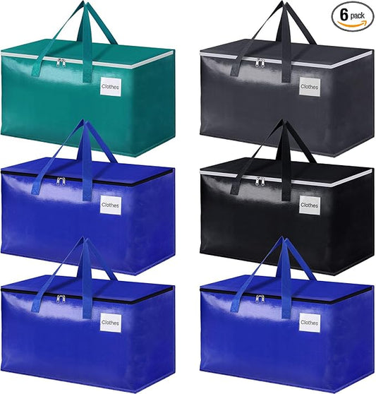 StorageRight Moving Bags-Heavy Duty Moving Boxes, Storage Totes with Zipper, Reinforced Handles and Tag Pocket-Collapsible Moving Supplies for moving, Storage and Travel 93L(Four Colors-6 Pack)