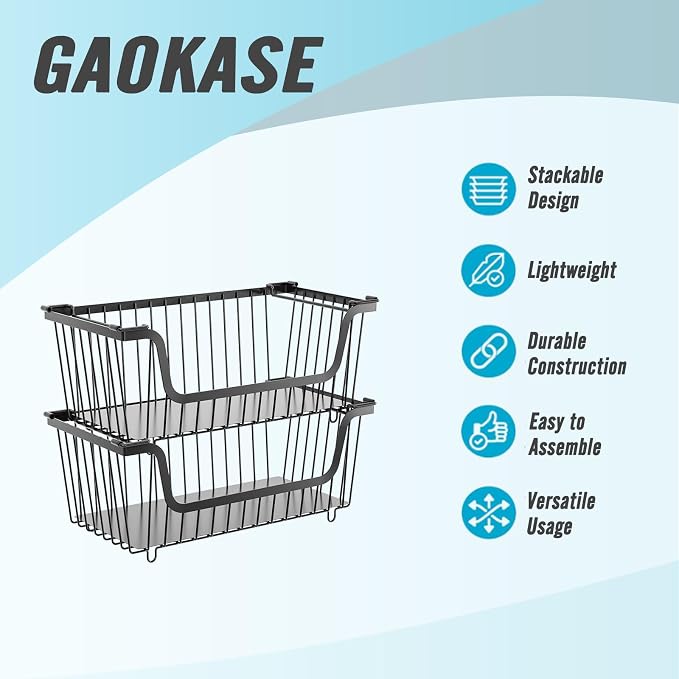 GAOKASE 4 Pcs Stackable Wire Baskets for Pantry Organizers and Storage,Vegetable Fruit Basket for Countertop,Kitchen Storage Metal Baskets,Produce Potato Onion Storage Bin-Black