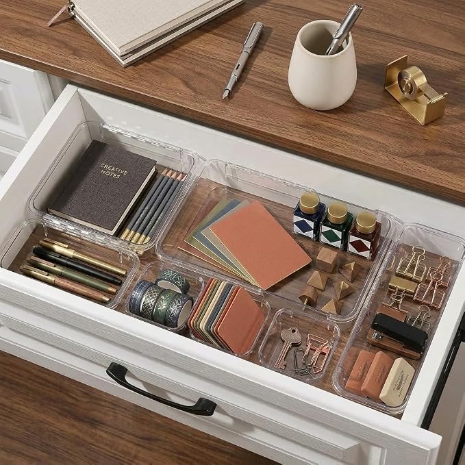 14 Pcs Expandable Clear Drawer Organizer|3-Size Extendable Drawer Dividers | Adjustable Plastic Storage Boxes, Arcrylic Storage Bins for Makeup Vanity Drawer Dresser DIY Desk Office Kitchen Utensils