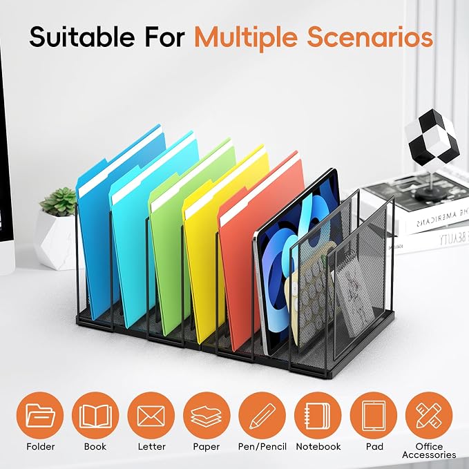 File Organizer For Desk, 7 Section Metal Desktop File Sorter, Black | Desk file organizer, connectable 7 section design, 2.17 in spacing, vertical folder storage for home office and classroom