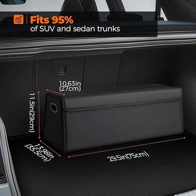Fyzeoty Car Trunk Organizer for SUV and Sedan, Trapezoidal-Black, 29.5 in | Tailored for Rear Seats, Extra Large, Leather Storage Box, Magnetic Lid, Collapsible & Adjustable, Water‑Resist & Dust‑Proof