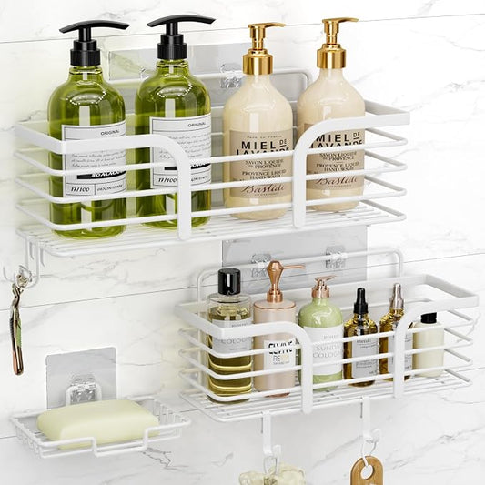 Yougai Shower Caddy, Shower Organizer with Soap Holder and Hooks, Rustproof Shower Shelves, No Drilling Bathroom Organizers and Storage, Wall-Mounted Kitchen & Home Decor (White)