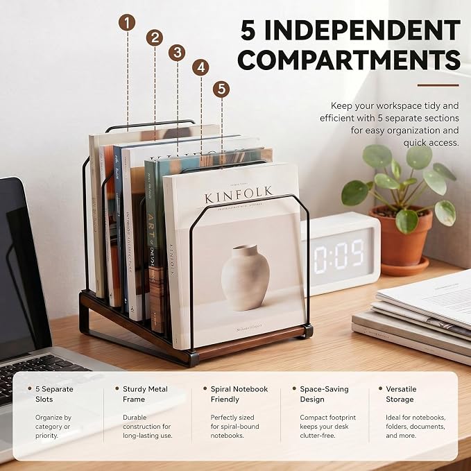 Novabright 2 Pack Inclined Desk File Organizer 5 Section Metal Vertical Folder Holder with Wooden Base Desktop Mail Sorter Step Magazine Document Paper Binder Holder for School Classroom Home Office