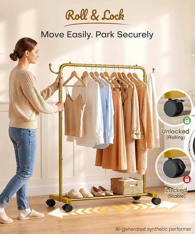 Homde Portable Clothes Rack for Bedroom: 4 Lockable Wheel Move Room-to-Room | Laundry to Closet in 1 Smooth Roll - No Heavy Lifting for Renters & Movers - 88 lbs Hanging Rod for Garment Coat to T-Shirt