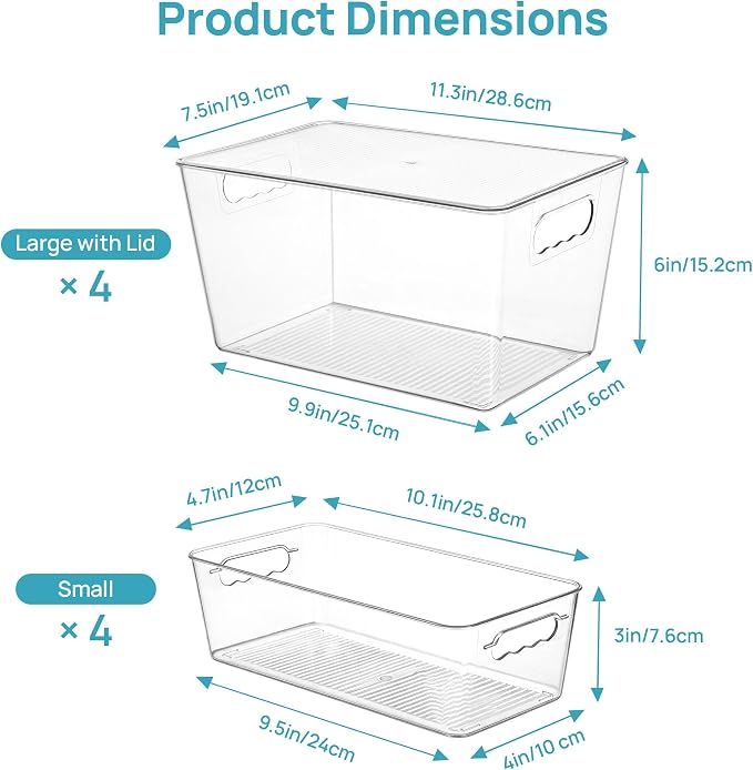 Vtopmart 8 Pack Clear Storage Bins with Lid Set for Pantry Organizer | 4 Large and 4 Small Plastic Pantry Storage Bins with Handle, Storage Containers for Pantry, Kitchen, Fridge, Cabinet