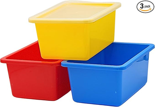 4E's Novelty Plastic Storage Bins with Lids, 5 Qt, 3 Pack, Colorful Plastic Cubby Storage Bins, Stackable Organizer Cubbies for Classroom Organization and Storage or Home (11.4" x 7.75" x 5")