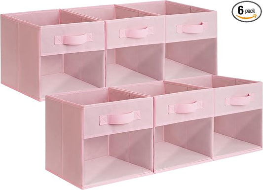 GRANNY SAYS Cube Storage Bins with Clear Window, 11 Inch Storage Cube Organizer, Collapsible Fabric Storage Cubes, Decorative Cube Storage Organizer for Shelves, Closet, Pink, 6-Pack