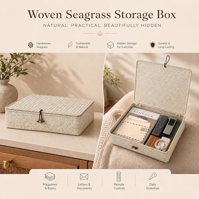 YANGQIHOME Set of 2 Seagrass Baskets with Lids, Rectangular Woven Storage Baskets, Natural Wicker Basket Boxes for Coffee Table, Shelf, Bathroom Counter & Closet Decor (Whitewashed, Set of 2)