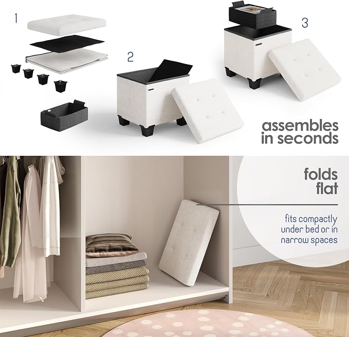 Storage Ottoman Cube with Small Bin, 15-in Square Ottoman with Storage for Living Room and Bedroom, Small Ottomans Foot Rest, Fabric Foot Stools Ottomans Max 330lbs, Cream