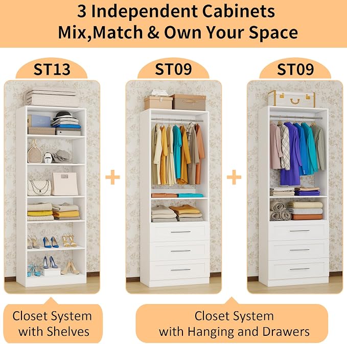 Closet System with 3 Sets, 6-15.8FT Custom Closet Organizer System with 6 Drawers & 8 Shelves & 5 Hanging Rods, Max 189"W Closet Shelving System, Walk in Closet Organizers and Storage System, White