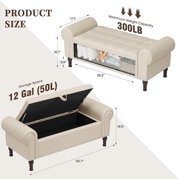 YOUDENOVA Ottoman with Storage, 51" End of Bed Bench with Rolled Arms, Upholstered Storage Bench with Vintage Rivets for Bedroom, Living Room, Entryway, Beige+Brown Legs