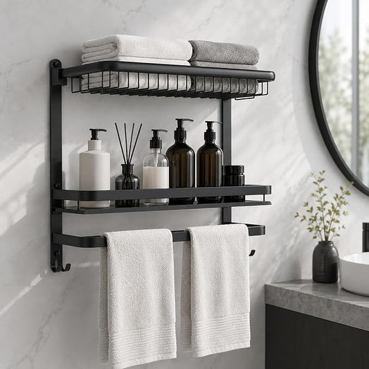23 Inch Towel Rack for Bathroom with 3 Tier Shelf Double Bar Hook (Black) | 90 Degree Foldable Top Design, Wall Mounted Storage Shelf of 304 Stainless Steel, No Drill or Screw Installation