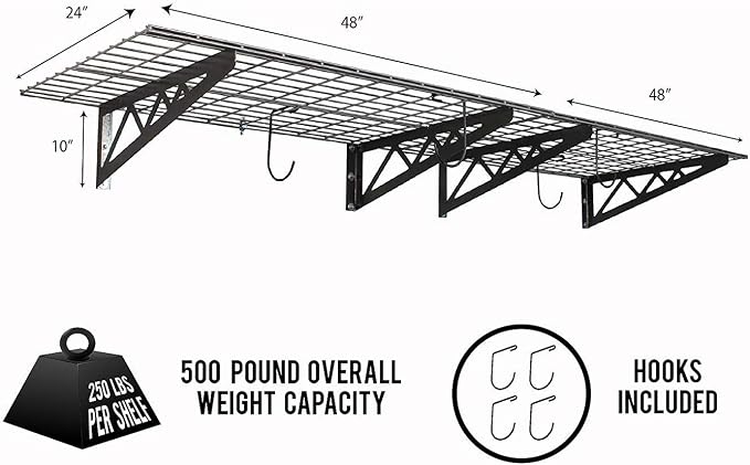 SafeRacks Steel Garage Wall Shelves 2-Pk w/Hooks, 500lb, Hammertone (24x48)