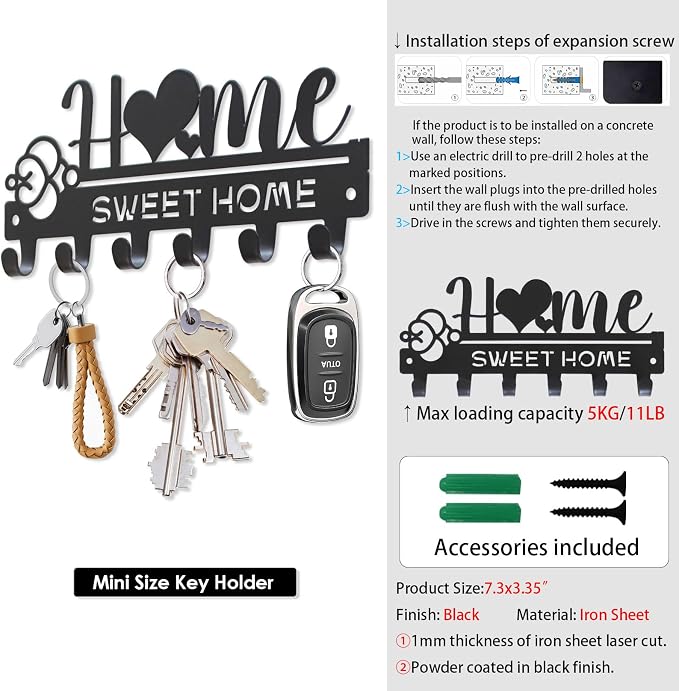 “Home Sweet Home”Key Holder wall Mount(Mini Size:7.3x3.35inches) | Simple Metal Decorative Key Hooks Rack for Entryway Front Door Hallway Garage Office