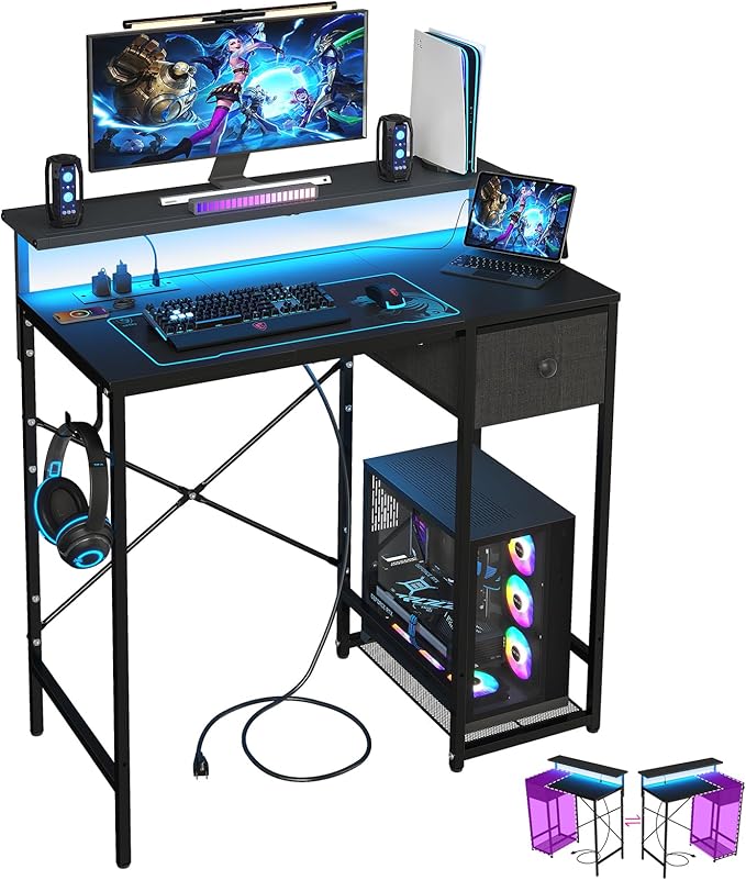 X-cosrack 33.5" Small Gaming Desk with LED Lights & Long Monitor Stand, Compact Computer Desk with Power Outlets & CPU Stand, Gamer Table with Storage Drawer for Home Office, Bedroom Corner, Black